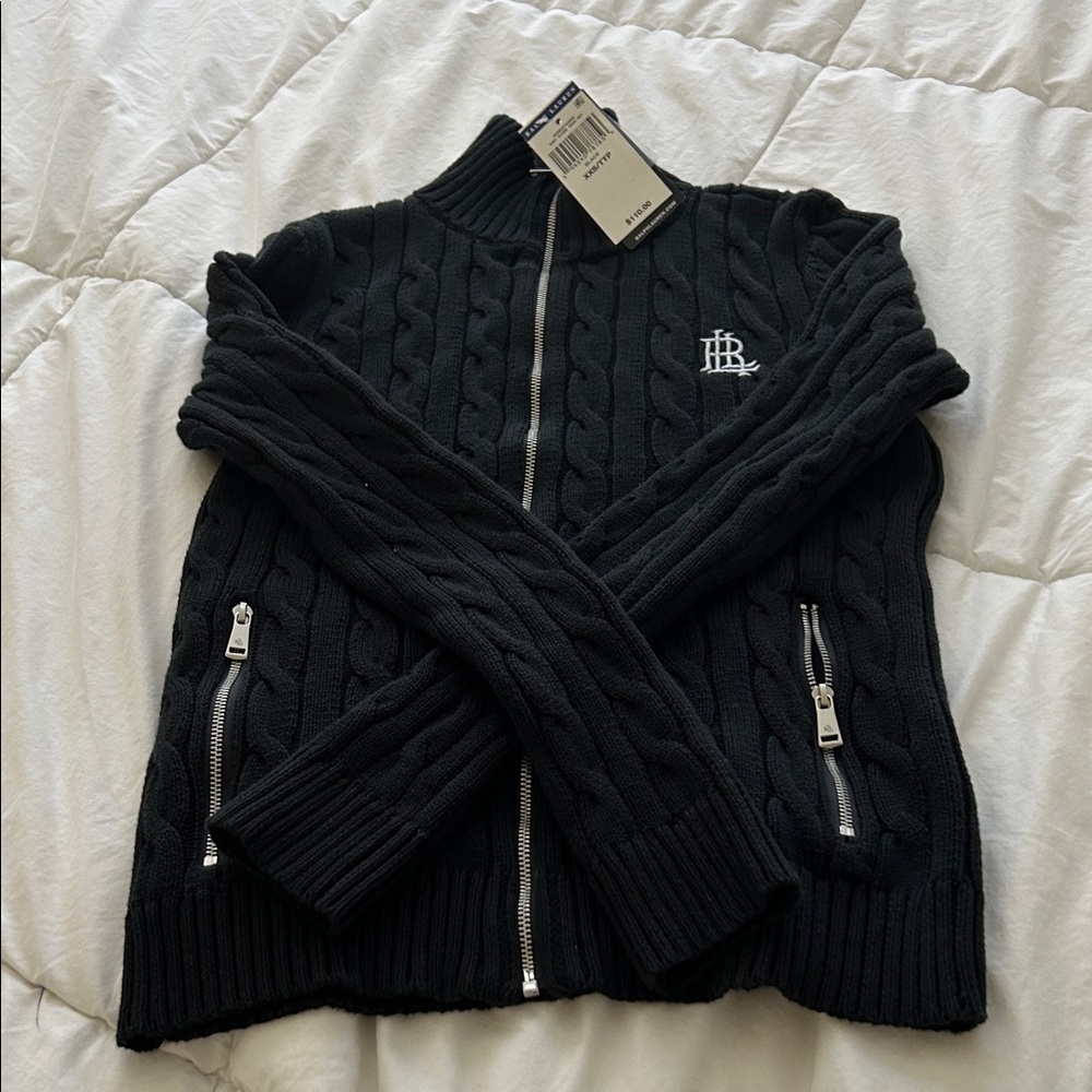 NWT Ralph Laure Black Cable Knit Zip-Up Sweater